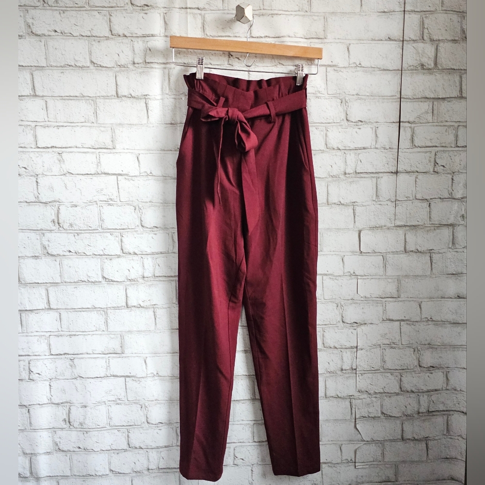 H&M Maroon High Rise Paper Bag Pants, 2